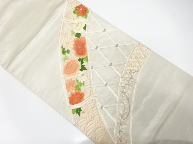 アンティーク　光悦垣に花唐草模様刺繍袋帯（材料）